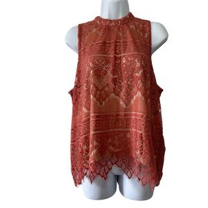 Lauren Conrad Women’s Rusty Blush & Cream Elegant Lace Sleeveless Top- Large